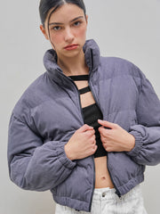 Corduroy Stand Collar Solid Pocket Puffer Jacket