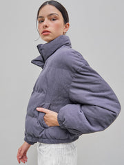Corduroy Stand Collar Solid Pocket Puffer Jacket