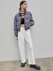 Corduroy Stand Collar Solid Pocket Puffer Jacket