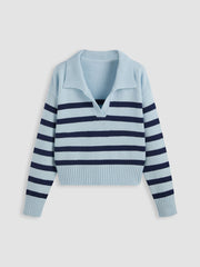 Striped Collar Knit Polo Top