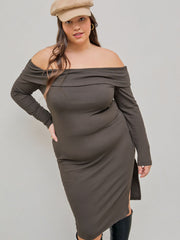 Jersey Off-shoulder Solid Split Midi Dress Curve & Plus
