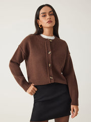 Knit Round Neckline Button Thick Cardigan