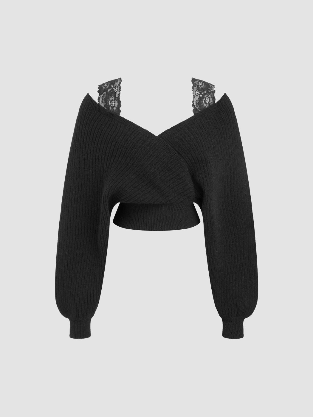 V-neck Solid Lace Knit Crop Wrap Sweater