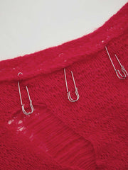 Wool-blend Round Neck Pin Hollow Out Knitted Long Sleeve Top