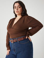Jersey V-neck Solid Ruched Bodysuit Curve & Plus