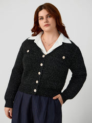 Metallic V-neck Solid Button Cardigan Curve & Plus