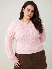 Round Neck Cable Knit Sweater Curve & Plus