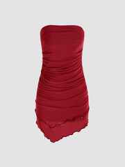 Solid Knit Fabric Ruffle Ruched Tube Mini Dress