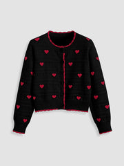 Round Neck Heart Contrasting Binding Cardigan