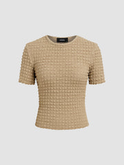 Round Neck Solid Shirred Short Sleeve Top