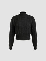 Wool-blend Cable Knit High Neck Solid Long Sleeve Top
