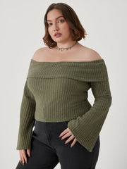 Off-shoulder Solid Knitted Long Sleeve Top Curve & Plus