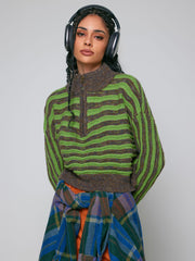 Wool-blend Abstract Stripe Zipper Knitted Crop Long Sleeve Top