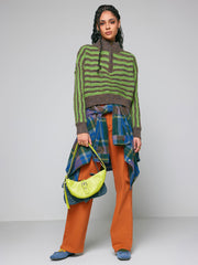Wool-blend Abstract Stripe Zipper Knitted Crop Long Sleeve Top