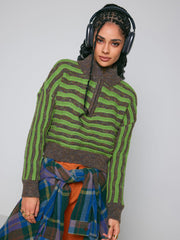 Wool-blend Abstract Stripe Zipper Knitted Crop Long Sleeve Top