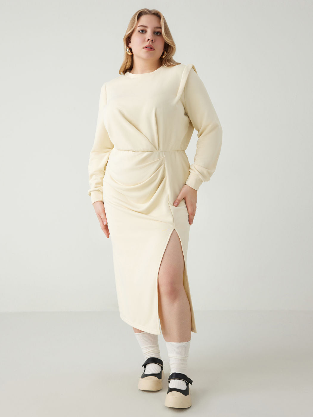 Round Neckline Split Ruched Midi Dress Curve & Plus