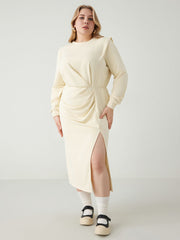 Round Neckline Split Ruched Midi Dress Curve & Plus