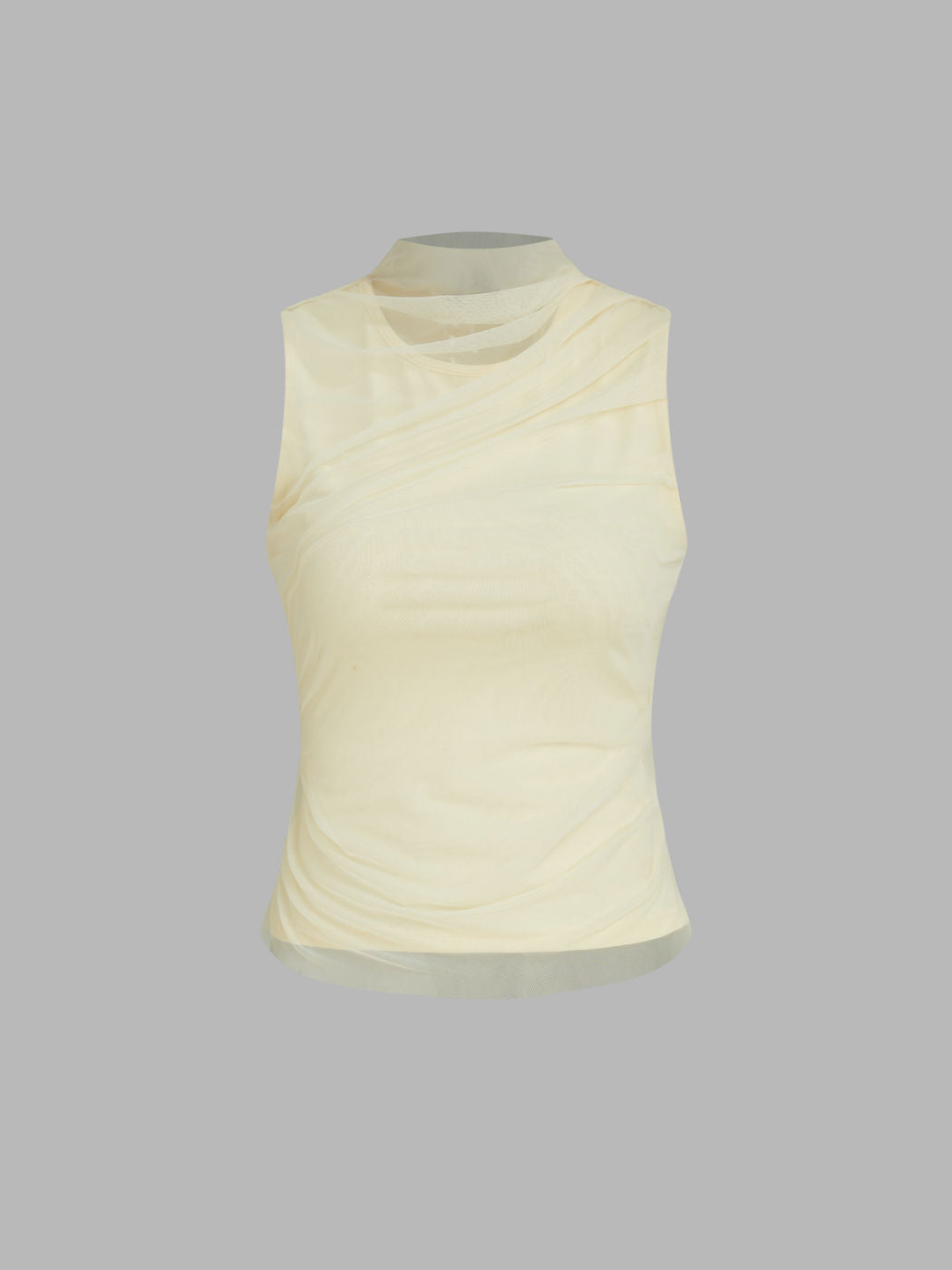 Mesh Patchy Turtle Neck Solid Ruched Crop Top