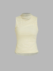 Mesh Patchy Turtle Neck Solid Ruched Crop Top