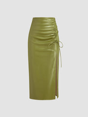 Faux Leather High Waist Drawstring Split Maxi Skirt