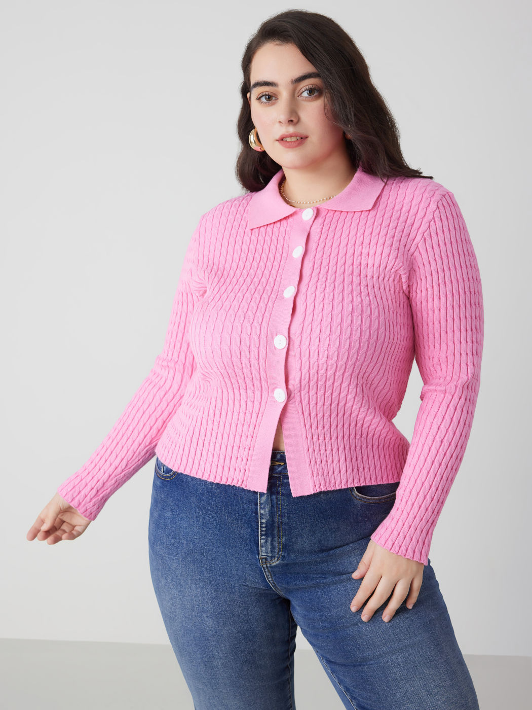 Knit Collar Solid Button Cardigan Curve & Plus