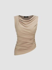 Cowl Neck Solid Ruched Crop Tank Top