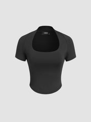 Square Neck Solid Short Sleeve Crop Top