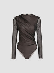 Mesh Round Neck Solid Ruched Bodysuit