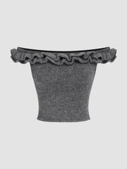 Off-Shoulder Solid Knitted Crop Short Sleeve Top