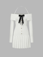 Off-shoulder Bowknot Pleated Knitted Mini Dresses