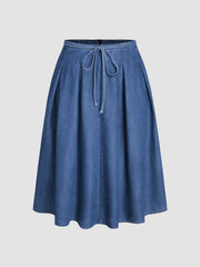 Denim Middle Waist Knotted Ruffle Midi Skirt Curve & Plus