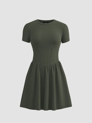 Round Neck Solid Corset Ruffle Knitted Mini Dress