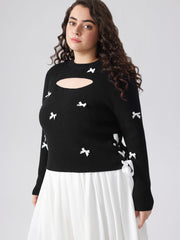 Knit Round Neckline Bowknot Cut Out Long Sleeve Top Curve & Plus
