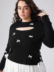 Knit Round Neckline Bowknot Cut Out Long Sleeve Top Curve & Plus