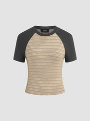 Round Neckline Striped Short Raglan Sleeve Tee