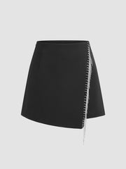 Woven Mid Rise Tassel Trim Mini Skirt