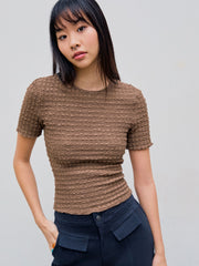 Round Neck Solid Shirred Short Sleeve Top