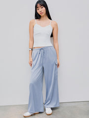 Satin Mid Waist Solid Cargo Drawstring Wide Leg Trousers