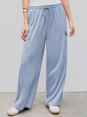 Satin Mid Waist Solid Cargo Drawstring Wide Leg Trousers