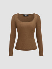Square Neck Solid Long Sleeve Top
