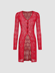 V-neck Solid Hollow Out See-through Knitted Cardigan