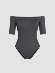 Rib Off-shoulder Solid Bodysuit