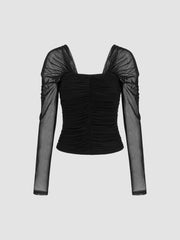 Mesh Square Neck Ruched Long Sleeve Top