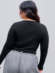 Knit U-neckline Zipper Solid Long Sleeve Top Curve & Plus