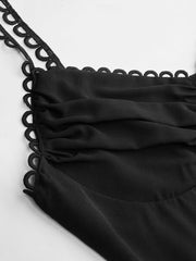 Woven V-neck Solid Ruffle Hem Midi Dress