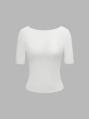 CIDERCONTOUR Double Layered Boat Neck Solid Backless Short Sleeve Top
