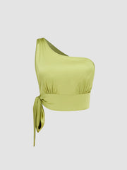 Satin Asymmetrical Neck Knotted Crop Top