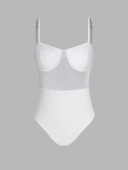 Shaping Solid Mesh Patchy One Piece Swimsuit
