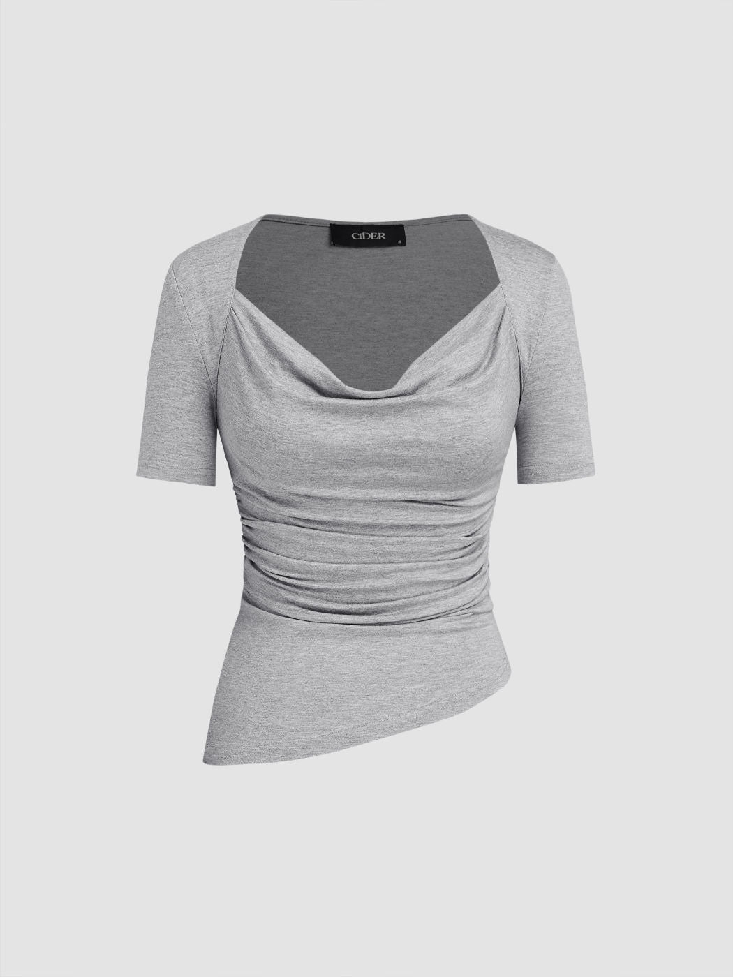 Cowl Neck Ruched Asymmetrical Hem Short Sleeve Tee