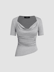 Cowl Neck Ruched Asymmetrical Hem Short Sleeve Tee